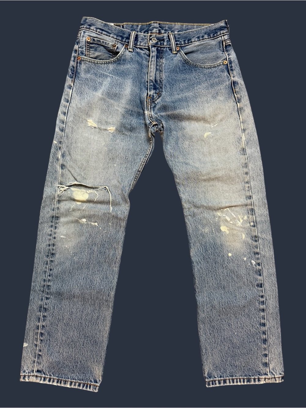 Y2K Levi’s 505 Regular Fit Dark Stonewash Distressed Paint Mens W33 L30